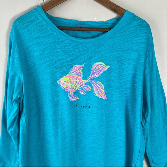 Fresh Produce Oversized Teal 3/4 Sleeve Graphic Fish Alaska Shirt Size Large - Picture 6 of 9